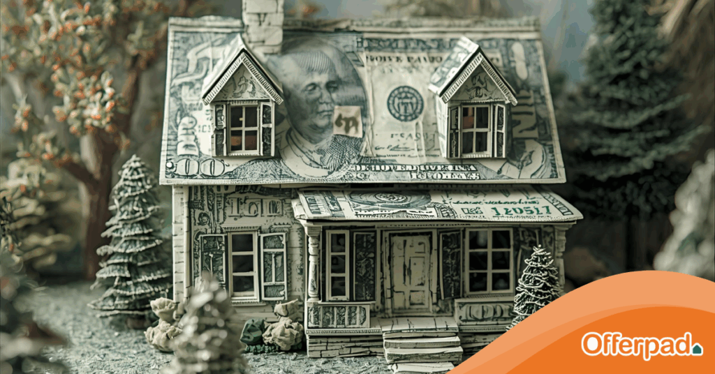 A miniature paper house constructed out of money to represent how you can calculate your mortgage payment
