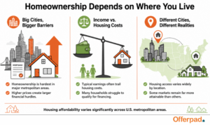 Infographic showing how the income needed to buy a home varies across U.S. metropolitan areas, from Offerpad.