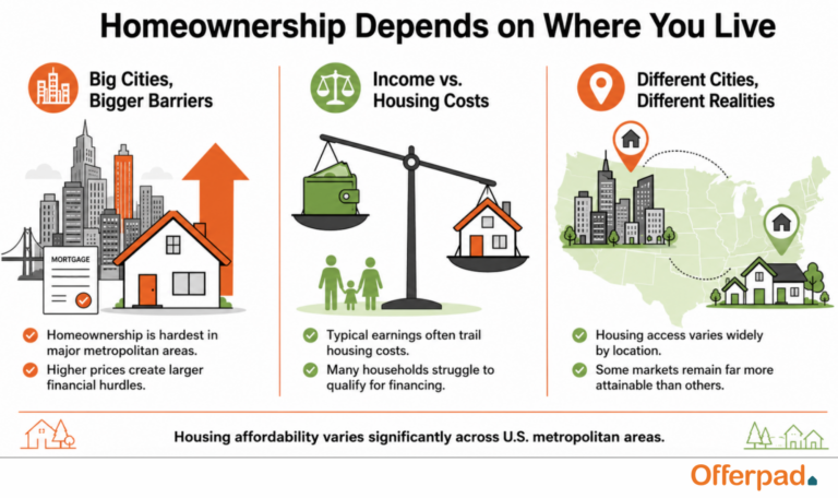 Infographic showing how the income needed to buy a home varies across U.S. metropolitan areas, from Offerpad.